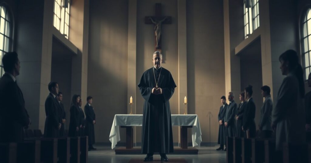 Oblężona kaplica z pustym ołtarzem przedstawiająca fałszywe mianowanie Carlosa Gutierreza na nowego dyrektora Legionistów Chrystusa.