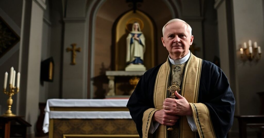 Kaznodzieja w tradycyjnym stroju kapłańskim stoi przed ołtarzem w Kielcach, symbolizując brak prawdziwych sakramentów w strukturach posoborowych