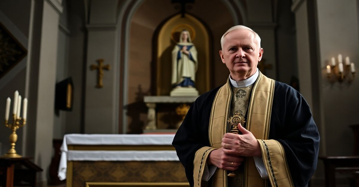 Kaznodzieja w tradycyjnym stroju kapłańskim stoi przed ołtarzem w Kielcach, symbolizując brak prawdziwych sakramentów w strukturach posoborowych