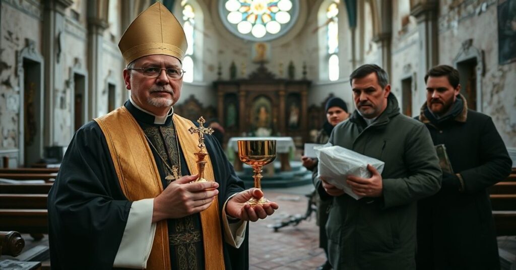 Tradycyjny ksiądz katolicki z monstrancją przed zniszczonym kościołem ukraińskim podczas akcji humanitarnej 'kardynała' Krajewskiego