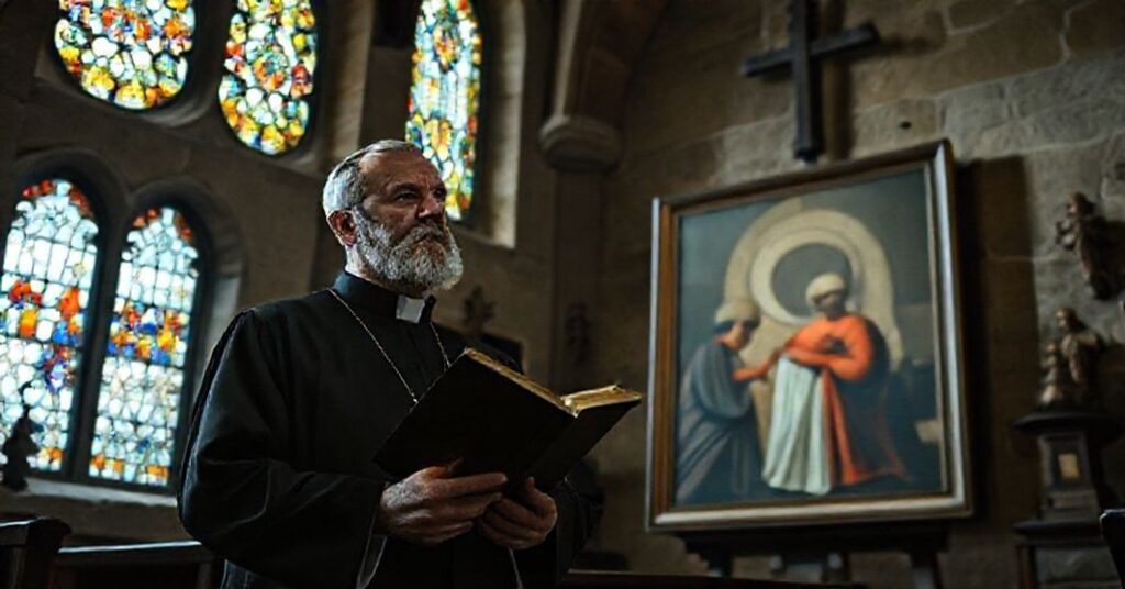 Ks. Nikos Skuras w tradycyjnym kościele katolickim obok kontrowersyjnego malowidła modernistycznego.