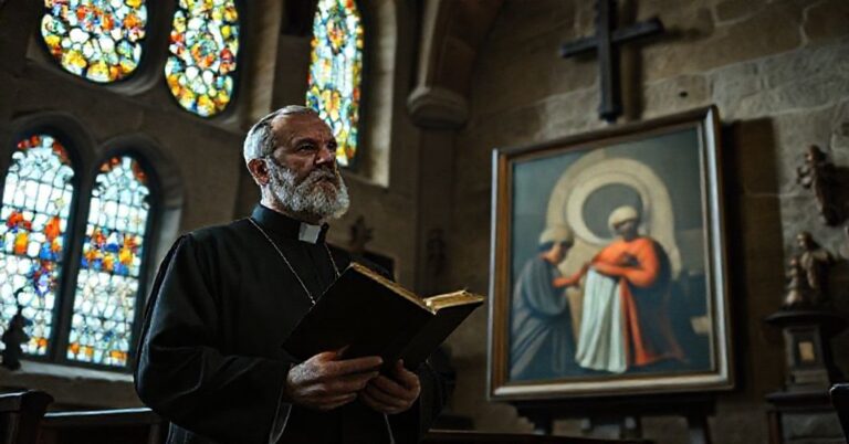 Ks. Nikos Skuras w tradycyjnym kościele katolickim obok kontrowersyjnego malowidła modernistycznego.