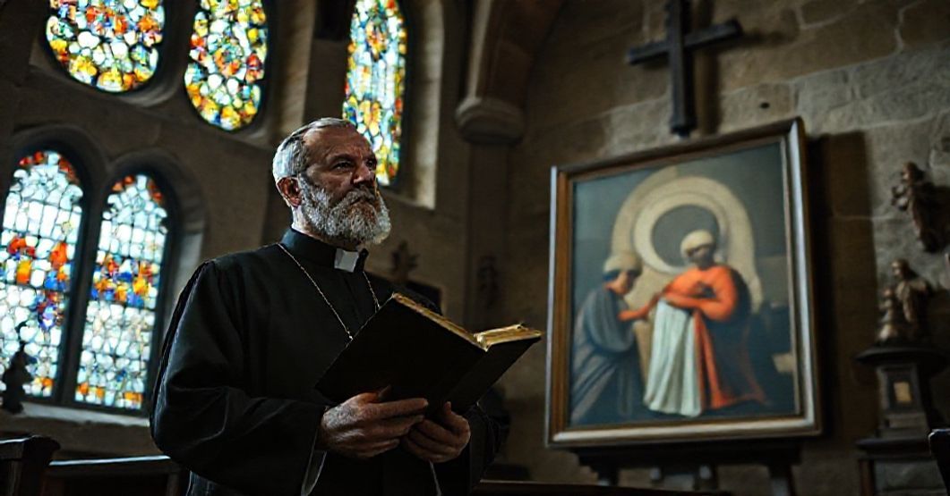 Ks. Nikos Skuras w tradycyjnym kościele katolickim obok kontrowersyjnego malowidła modernistycznego.