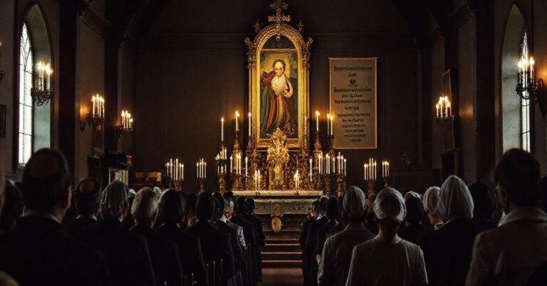 Wnętrze tradycyjnego kościoła katolickiego z ołtarzem i modlącymi się ludźmi w okresie wojny.