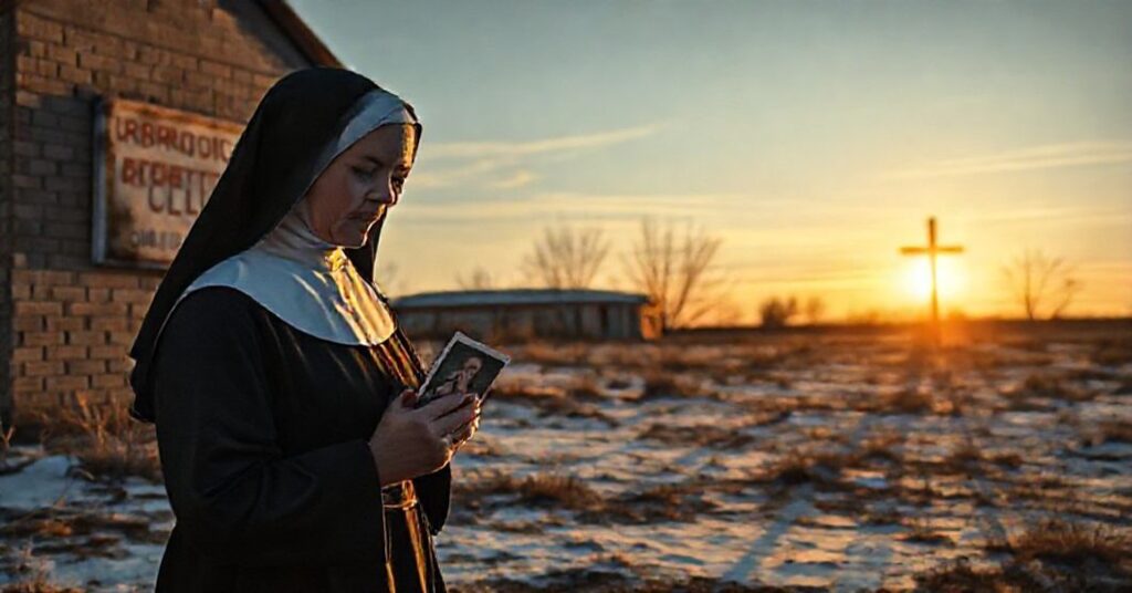 Sobór tradycyjnych sióstr zakonnych modlący się przed opuszczonym aborcyjnym centrum z karteczką świąteczną przedstawiającą Świętą Rodzinę w ręce.