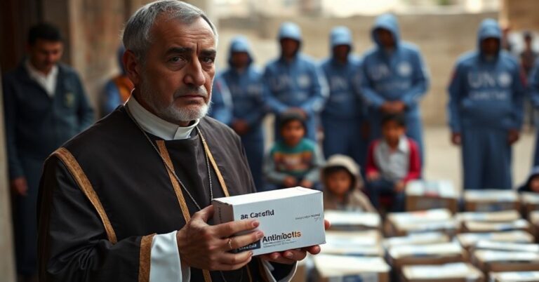 Ksiądz w tradycyjnych szatach katolickich stoi przed dziećmi w Strefie Gazy, trzymając pudełko antybiotyków. W tle rozmaici ludzie w mundurach ONZ i Caritas rozdają pomoc bez widocznych symboli religijnych.