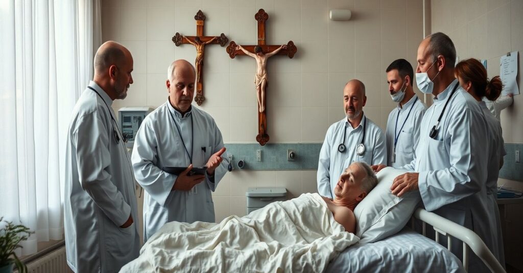 Ciemny, wstrzemięźliwy obraz szpitalnego oddziału z rzekomym 'Krajowym Duszpasterzem Służby Zdrowia' Arkadiuszem Zawistowskim przy łóżku chorego pacjenta.