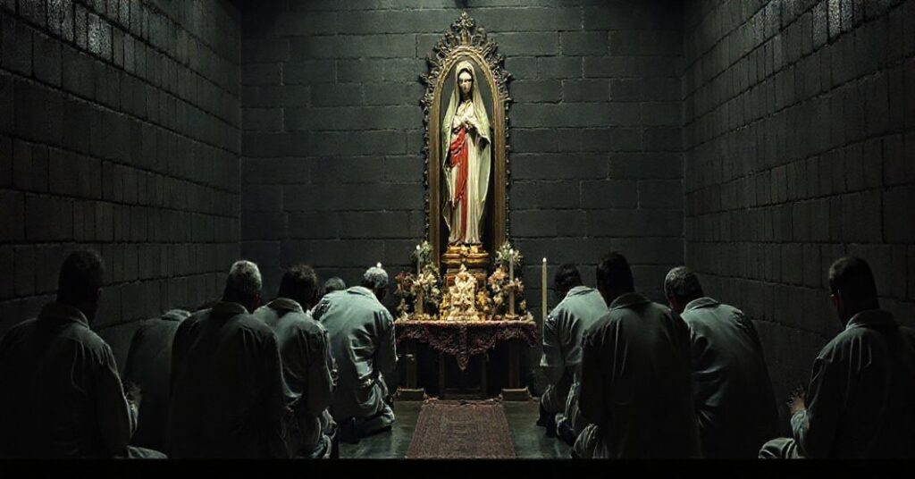 Grupa włącznionych w modlitwie w celi więzienia przed wątpionymi relikwiami i figurą Matki Bożej z Lourdes, symbolizującła fałszywe miłosierdzie rewolucji posoborowej.