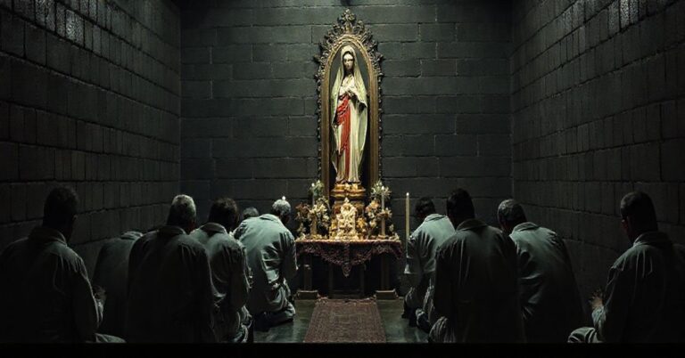 Grupa włącznionych w modlitwie w celi więzienia przed wątpionymi relikwiami i figurą Matki Bożej z Lourdes, symbolizującła fałszywe miłosierdzie rewolucji posoborowej.