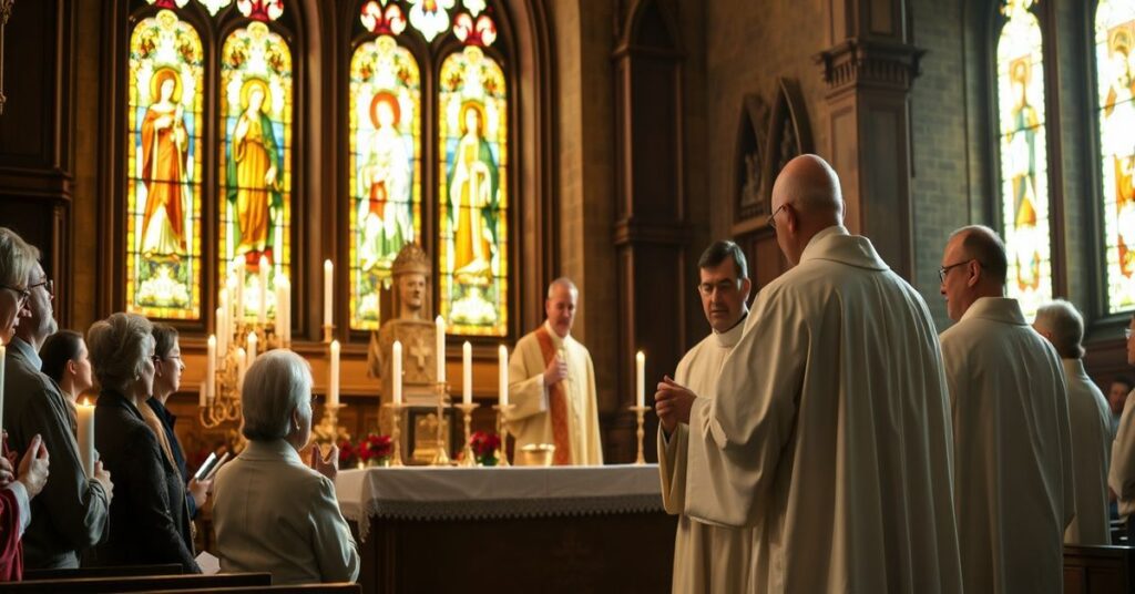 Grupa dorosłych uczestniczących w rytuale elekcji w kościele katolickim, kierowana przez biskupa w szatach liturgicznych. Scena jest pełna symboliki religijnej i światła z witraży, ale brakuje jej prawdziwej sakramentalnej mocy i doktrynalnej ciągłości.