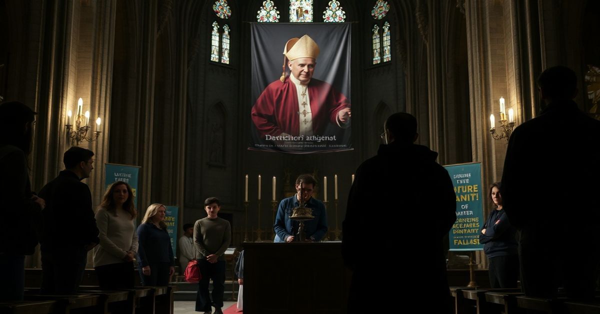 Scena w katedrze w Tallinie podczas Wielkanocnej Wigilii 2026 roku, przedstawiająca fałszywą ceremonię chrztu przeprowadzoną przez modernistów.