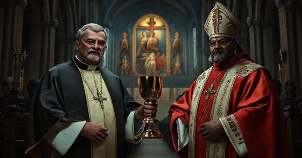 Obraz przedstawiający fałszywe mianowanie dwóch "arcybiskupów" w Kanadzie: Stephena Hero i Susai Jesu OMI. Scena jest ujęta w tradycyjnym kościele katolickim z nowoczesnymi elementami architektonicznymi.