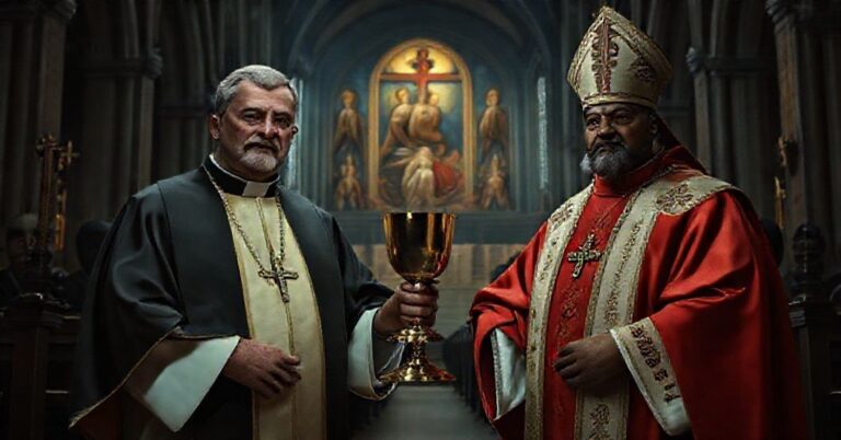 Obraz przedstawiający fałszywe mianowanie dwóch "arcybiskupów" w Kanadzie: Stephena Hero i Susai Jesu OMI. Scena jest ujęta w tradycyjnym kościele katolickim z nowoczesnymi elementami architektonicznymi.