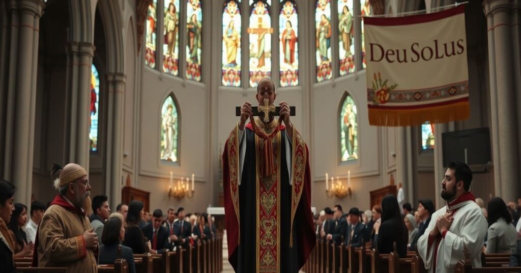 Wnętrze nowoczesnej katedry katolickiej w Kanadzie z fałszywym "biskupem" Stephenem Hero celebrującym Mszę ze składnikami pogańskimi i ekumenizmem.