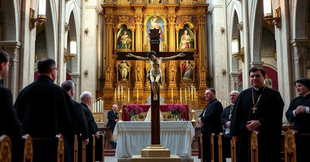 Wizerunek Krzyża Baryczków w archikatedrze św. Jana Chrzciciela w Warszawie podczas fałszywego jubileuszu pod przewodnictwem modernistycznego "arcybiskupa" Adriana Galbasa.