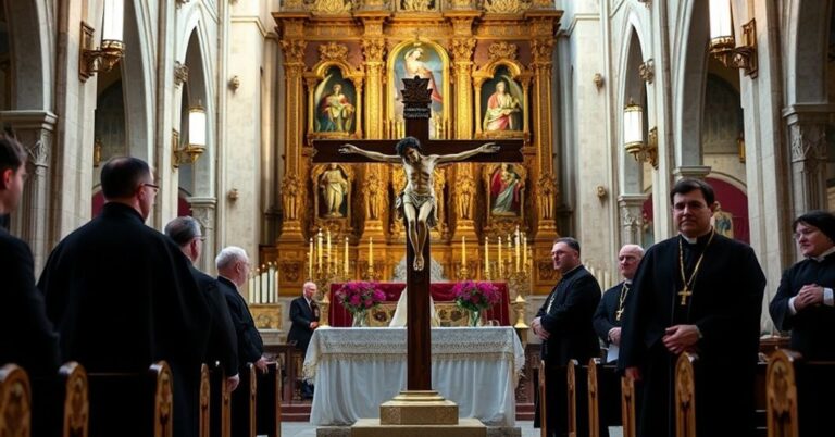 Wizerunek Krzyża Baryczków w archikatedrze św. Jana Chrzciciela w Warszawie podczas fałszywego jubileuszu pod przewodnictwem modernistycznego "arcybiskupa" Adriana Galbasa.