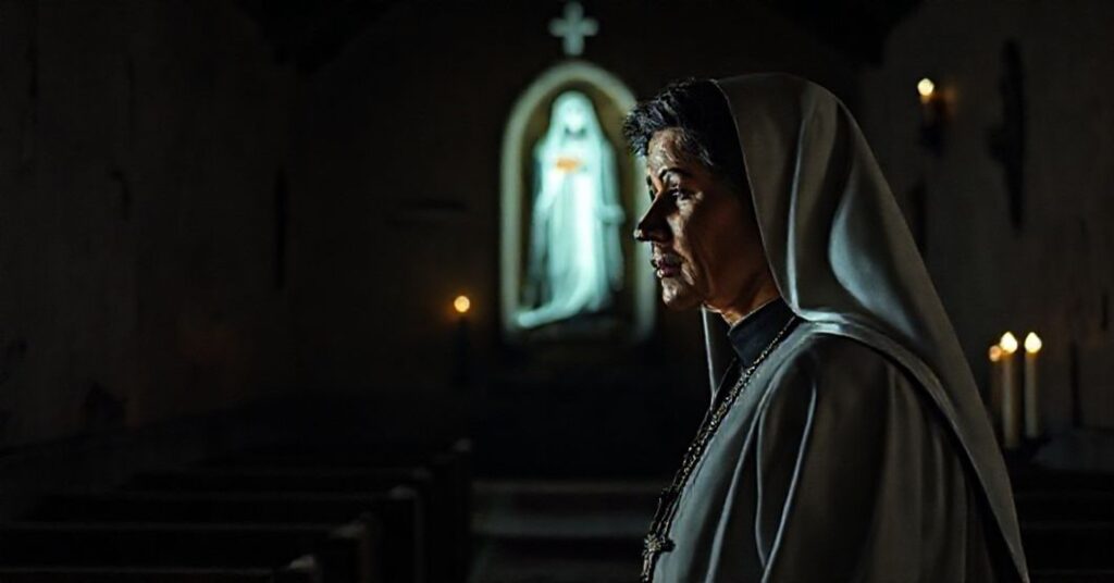 Obraz przedstawiający doktora Brankę Pereirę Acevedo w tradycyjnym stroju katolickim, zastanawiającą się nad fałszywymi objawieniami w Fatimie. Scena ukazuje stary kościół z ciemnym oświetleniem świec, podkreślając powagę i teologiczne konflikty związane z modernistycznymi fałszami.