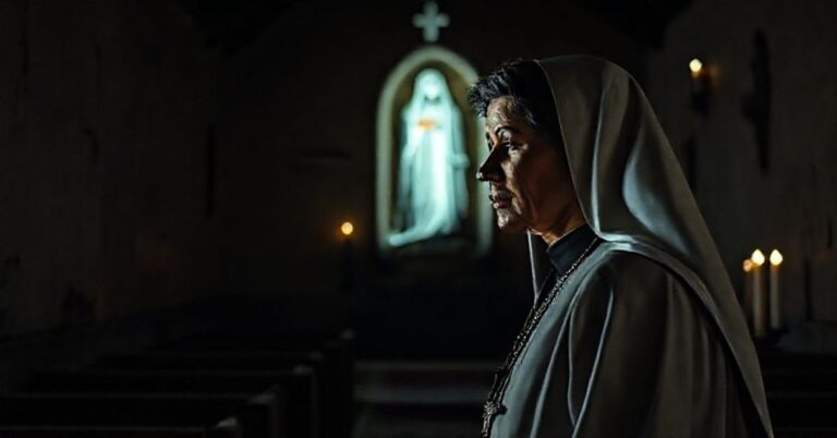Obraz przedstawiający doktora Brankę Pereirę Acevedo w tradycyjnym stroju katolickim, zastanawiającą się nad fałszywymi objawieniami w Fatimie. Scena ukazuje stary kościół z ciemnym oświetleniem świec, podkreślając powagę i teologiczne konflikty związane z modernistycznymi fałszami.