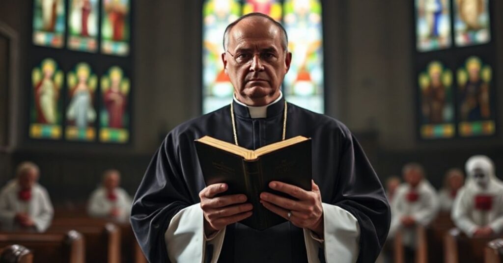 Ks. w tradycyjnym habitacie stoi w ciemnym kościele z Biblią w ręku, symbolizując odrzucenie fałszywych objawień maryjnych