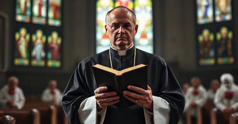 Ks. w tradycyjnym habitacie stoi w ciemnym kościele z Biblią w ręku, symbolizując odrzucenie fałszywych objawień maryjnych