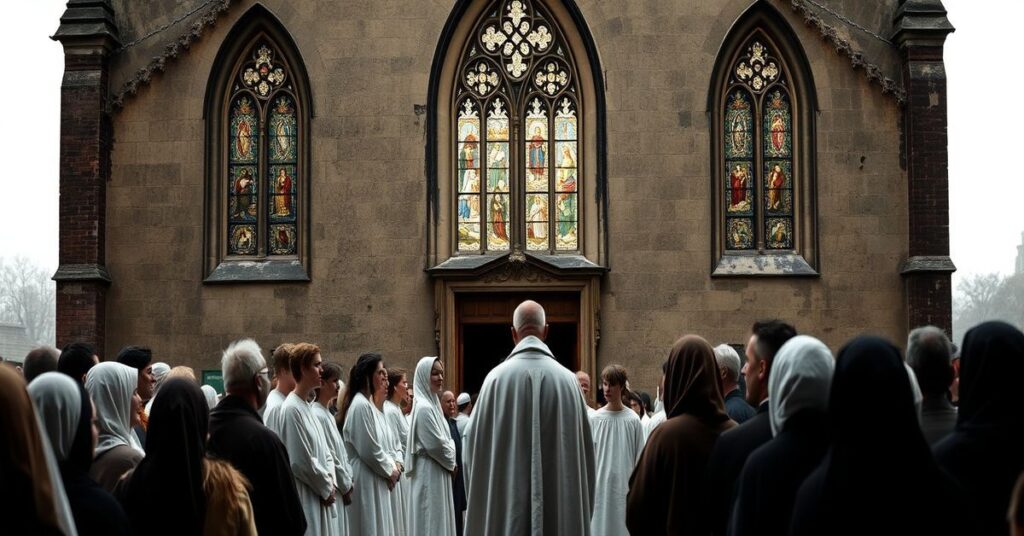 Stary kościół w Belgii z nowo ochrzczonymi osobami w białych szatach i wątpliwym księdzem na tle. Scena symbolizuje fałszywe odrodzenie wiary bez prawdziwej konwersji.