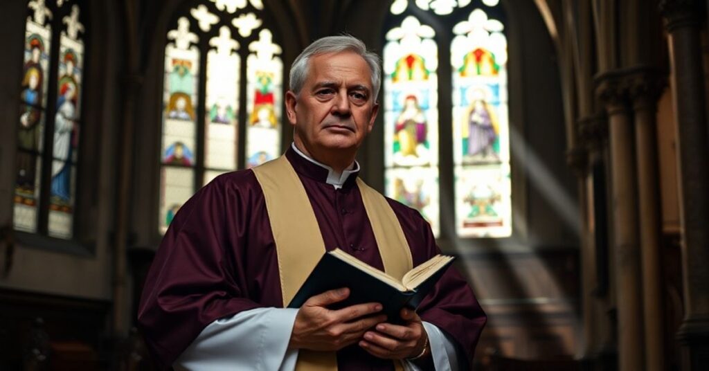 Katolicki ksiądz w tradycyjnych strojach liturgicznych w staroangielskim kościele z promieniami słońca przez witraże