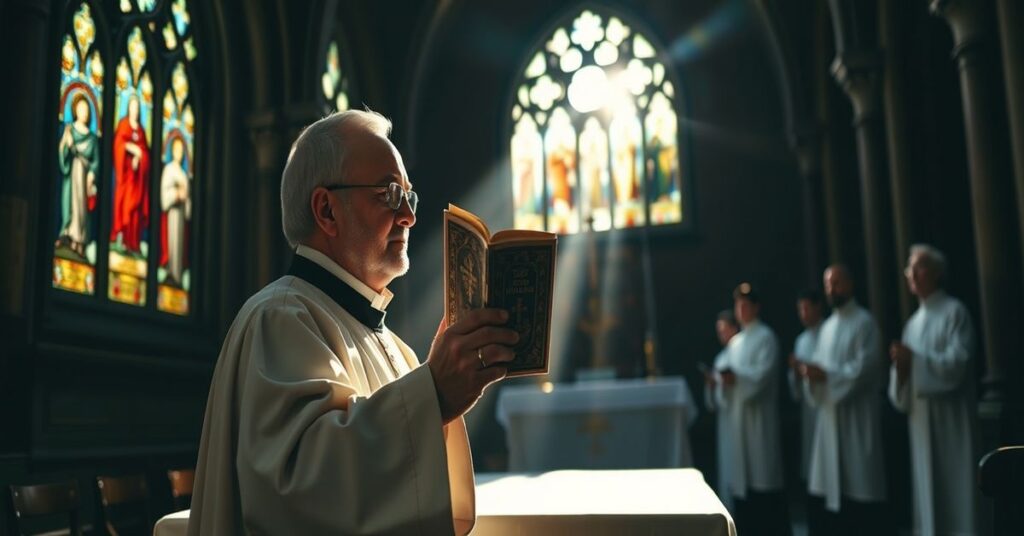 Tradycyjny ksiądz katolicki w ciemnej gotyckiej wnętrzu kościoła, trzymający przedsoborowy mszał. Promienie słońca padają przez witraże z postaciami świętych, oświetlając ołtarz złotym blaskiem. Na tle rozmyte postacie współczesnych duchownych w świeckim ubiorze stoją obok nowoczesnego ołtarza.