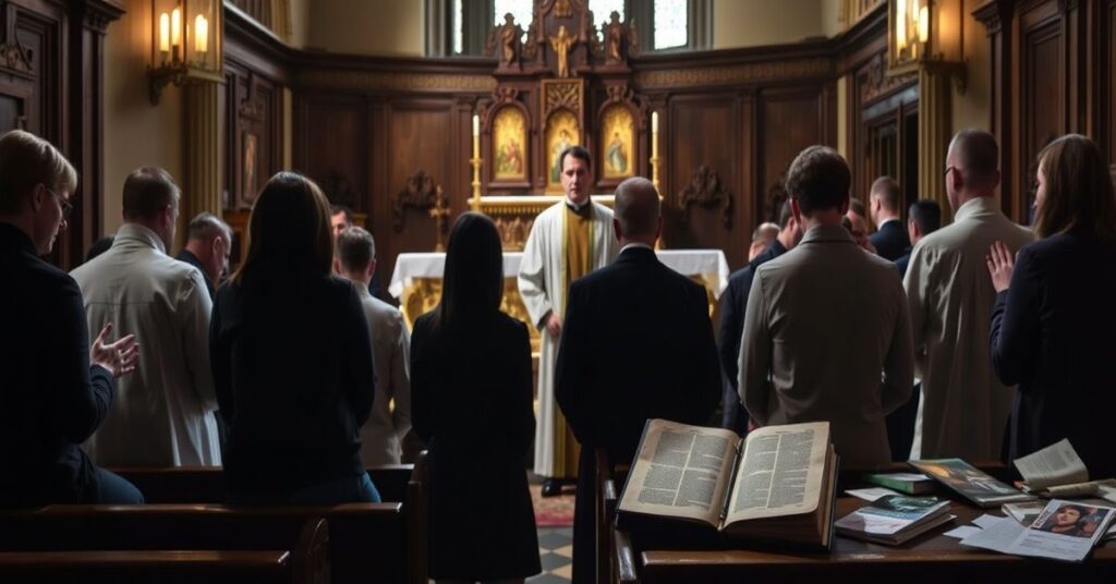 Grupa młodych ludzi modli się w kaplicy Uniwersytetu St Andrews przed pustym ołtarzem, gdy ksiądz Patrick Burke obserwuje scenę w nowoczesnych szatach liturgicznych.