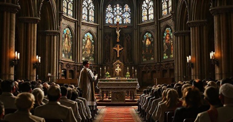 Scena przedstawiająca fałszywego 'Leona XIV' w katedrze katolickiej podającym modernistyczne orędzie bez odniesienia do Odkupienia Chrystusa.