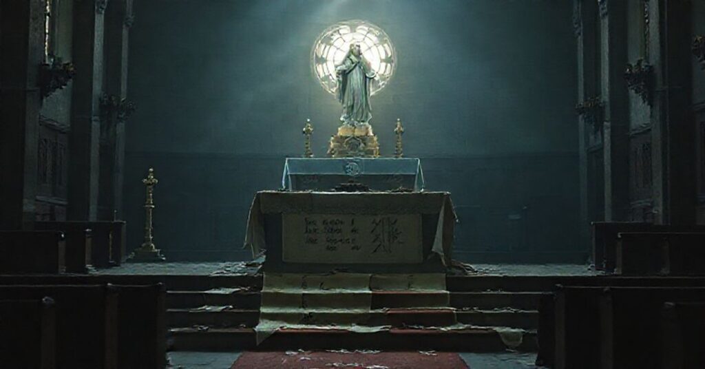 Zniszczony ołtarz w opustoszałym kościele z wykorzystaniem fałszywego orędzia Leona XIV.