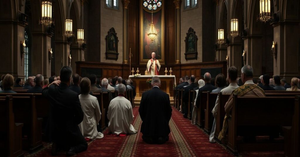 Wnętrze kościoła katolickiego z dorosłymi na kolanach przed ołtarzem otrzymującymi nieważne sakramenty od biskupa modernistycznego. Scena odzwierciedla fałszywy odrodzenie w herezji diecezji westminsterskiej.