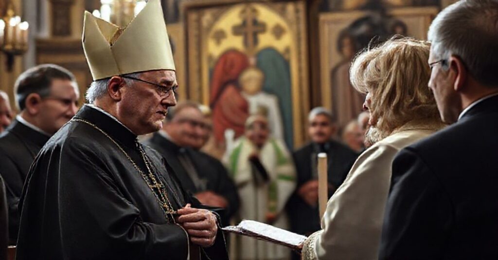 Obraz przedstawiający uroczystość w Sejmie Śląskim upamiętniającą 60. rocznicę orędzia biskupów polskich do niemieckich. "Abp" Andrzej Przybylski i senator Halina Bieda są obecni na zdjęciu w atmosferze katolickiej tradycji i kontrowersji dotyczącej fałszywego pojednania.