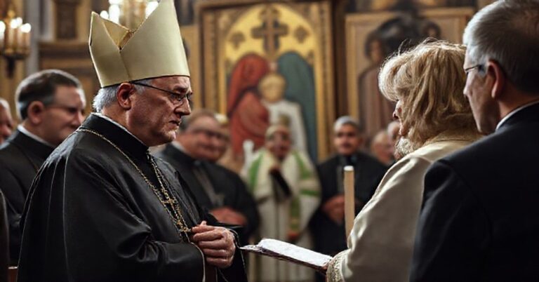 Obraz przedstawiający uroczystość w Sejmie Śląskim upamiętniającą 60. rocznicę orędzia biskupów polskich do niemieckich. "Abp" Andrzej Przybylski i senator Halina Bieda są obecni na zdjęciu w atmosferze katolickiej tradycji i kontrowersji dotyczącej fałszywego pojednania.