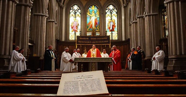 Wnętrze katedry we Wrocławiu podczas mszy pod hasłem „Pojednanie dla Europy”. Biskupi w liturgicznych szatach z abp Józefem Kupnym przy ołtarzu. Tło: witraże z Chrystusem Królem i dokument Orędzia z 1965 roku.