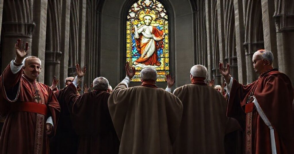 Biskupi w tradycyjnych szatach liturgicznych w katedrze europejskiej symbolizują fałszywy ekumenizm