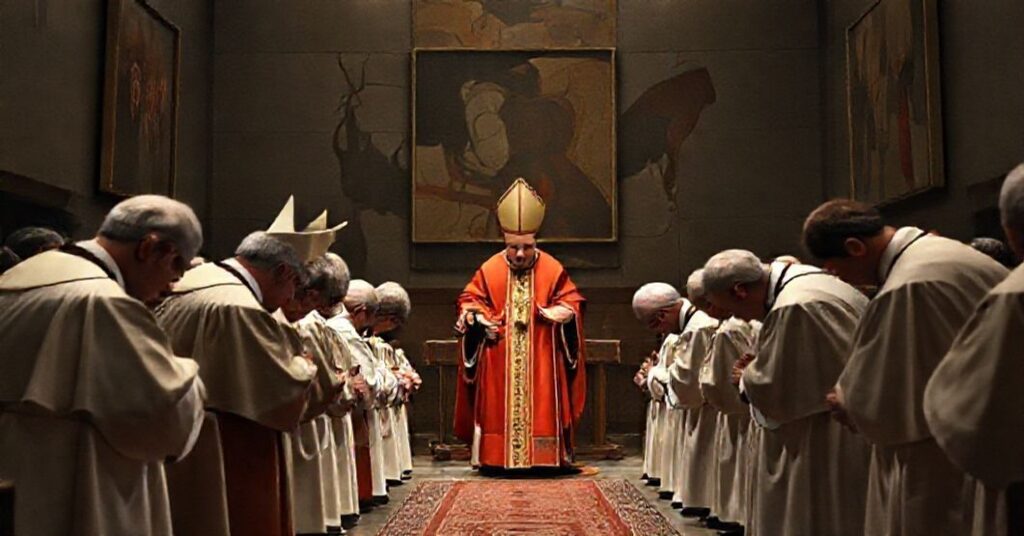 Tradycyjna katolicka scena przedstawiająca fałszywe pojednanie między polskimi i niemieckimi biskupami w 1965 roku z antyPapieżem Leonem XIV przewodniczącym rytuału politycznego konformizmu