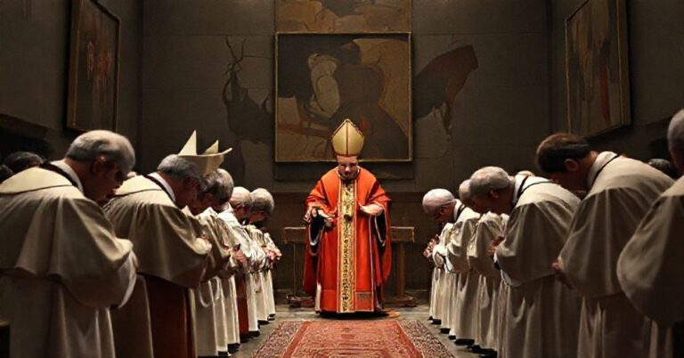 Tradycyjna katolicka scena przedstawiająca fałszywe pojednanie między polskimi i niemieckimi biskupami w 1965 roku z antyPapieżem Leonem XIV przewodniczącym rytuału politycznego konformizmu