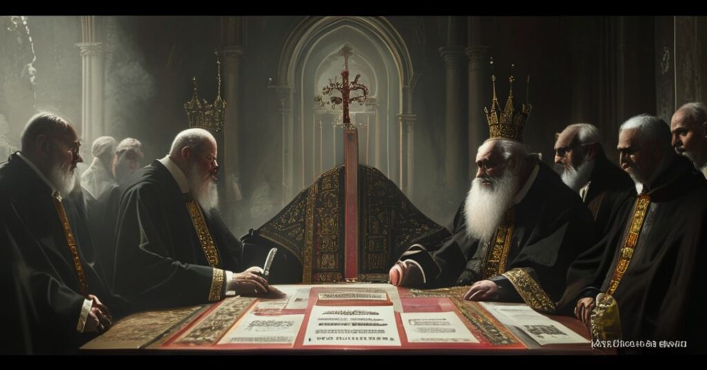 Poważna scena konferencji ekumenicznej z udziałem kardynała Kurta Kochego i metropolity Hioba Getchy w Rzymie, symbolizująca fałszywe pojednanie z schizmatykami.