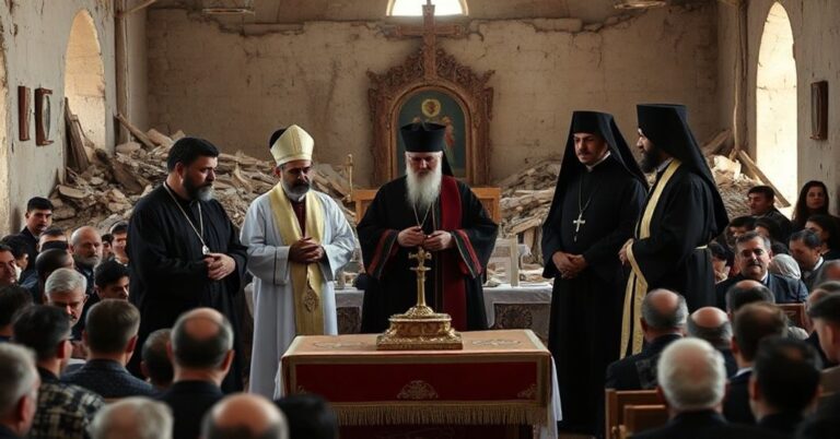 Ceremonia ekumeniczna w zniszczonej syryjskiej wiosce Ghassanieh, z biskupami katolickim i prawosławnym oraz duchownym anglikańskim.