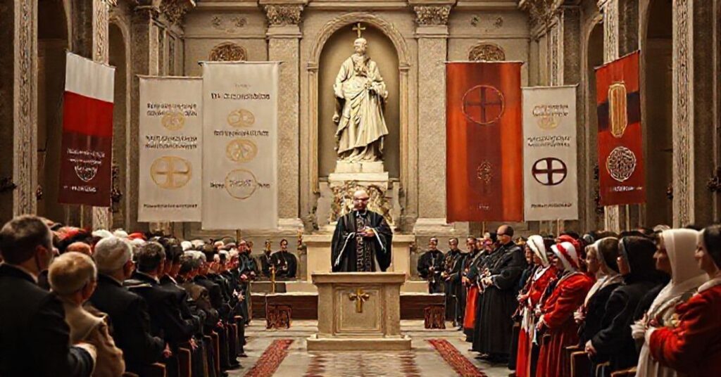 Scena tradycyjnego katolickiego protestu przeciwko fałszywemu pojednaniu 'Leona XIV' w Watykanie z przedstawicielami Polski i Niemiec.