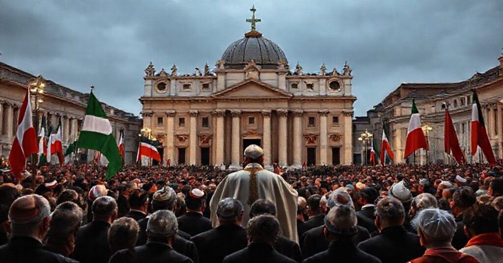 Obraz przedstawiający fałszywe ekumeniczne pojednanie 'Papieża' Leona XIV po modlitwie Anioł Pański 16 listopada 2025 roku.