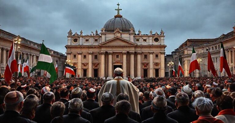 Obraz przedstawiający fałszywe ekumeniczne pojednanie 'Papieża' Leona XIV po modlitwie Anioł Pański 16 listopada 2025 roku.