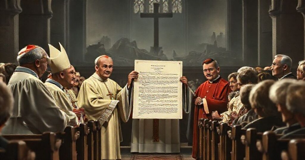 Obraz przedstawiający fałszywy akt pojednania biskupów polskich z niemieckimi w 1965 roku w tradycyjnym kościele katolickim, z rujnami Warszawy w tle.