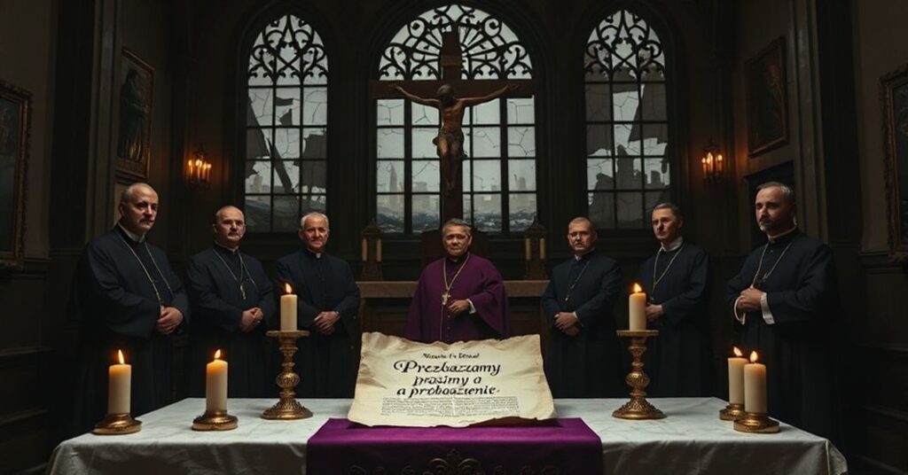 Sobór wrocławski przy ciemności z biskupami w szatach konsekwencyjnych w obliczu zniszczeń wojennych podczas ceremonii fałszywego pojednania.