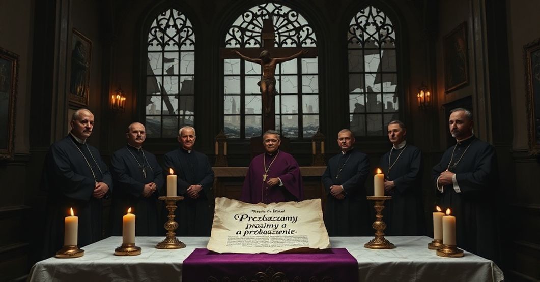 Sobór wrocławski przy ciemności z biskupami w szatach konsekwencyjnych w obliczu zniszczeń wojennych podczas ceremonii fałszywego pojednania.