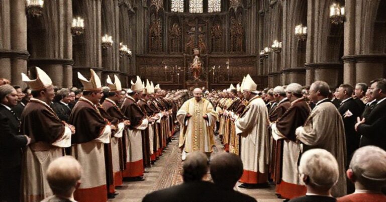 Wizerunek fałszywych biskupów i protestanckich przywódców w katedrze we Wrocławiu podczas fałszywego aktu pojednania w 1965 roku.