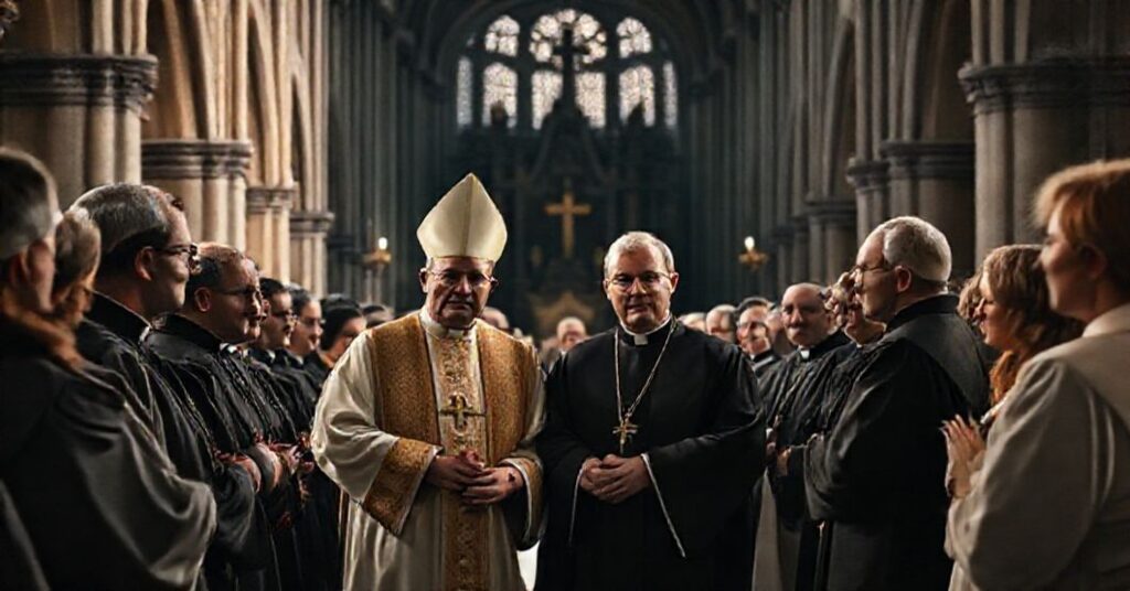 Uroczystość w katedrze we Wrocławiu z udziałem pseudobiskupów Kupnego i Bätzinga, symbolizująca fałszywe pojednanie bez posłuszeństwa prawdziwej wierze katolickiej.