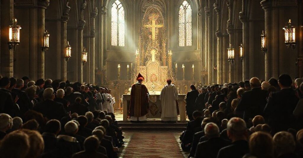 Wewnątrz wrocławskiej katedry w czasie fałszywej mszy pojednania z udziałem Tadeusza Wojdy i Georga Bätzinga