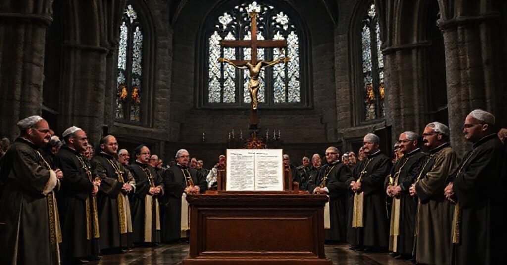 Grupa modernistycznych "biskupów" w katedrze we Wrocławiu podczas farsy tzw. "pojednania" z Niemcami.