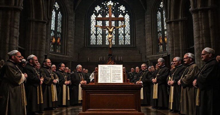 Grupa modernistycznych "biskupów" w katedrze we Wrocławiu podczas farsy tzw. "pojednania" z Niemcami.